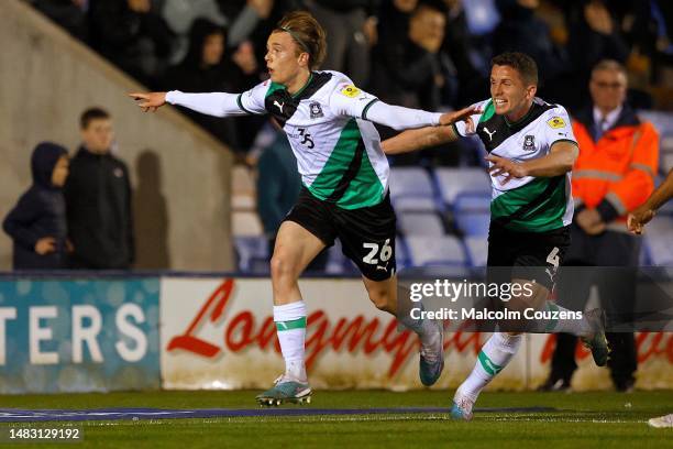 Callum Wright of Plymouth Argyle celebrates scoring the winning goal during the Sky Bet League One game between Shrewsbury Town and Plymouth Argyle...