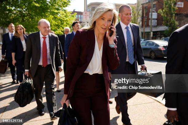 Members of the Fox News legal team walk back to their offices following a settlement with Dominion Voting Systems in Delaware Superior Court on April...