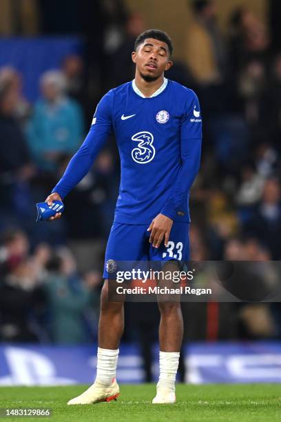 Wesley Fofana of Chelsea looks dejected after their side's defeat in the UEFA Champions League quarterfinal second leg match between Chelsea FC and...