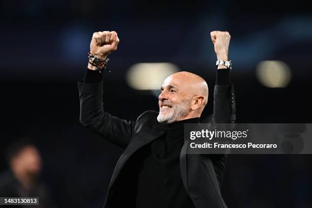 Stefano Pioli, Head Coach of AC Milan, celebrates victory after defeating SSC Napoli during the UEFA Champions League Quarterfinal Second Leg match...