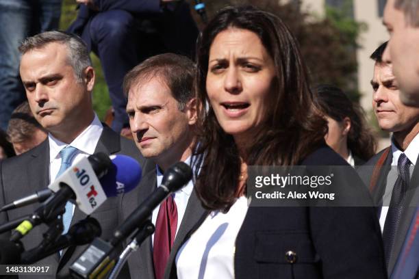 Dominion Voting Systems CEO John Poulos , lawyers Justin Nelson and Davida Brook speak to members of the press after a settlement was been reached...