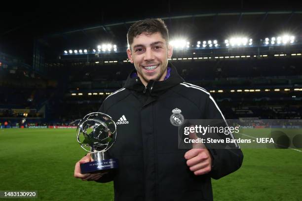 Federico Valverde of Real Madrid poses for a photograph with their PlayStation Player of the Match award after the UEFA Champions League quarterfinal...