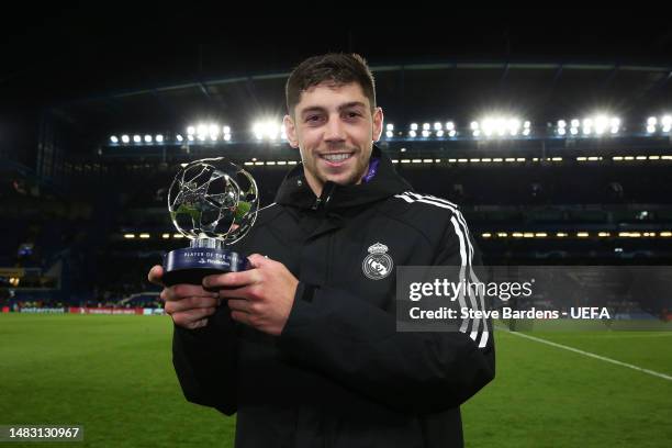 Federico Valverde of Real Madrid poses for a photograph with their PlayStation Player of the Match award after the UEFA Champions League quarterfinal...