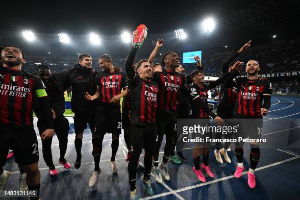 Players of AC Milan celebrates victory in front of their fans after defeating SSC Napoli during the UEFA Champions League Quarterfinal Second Leg...