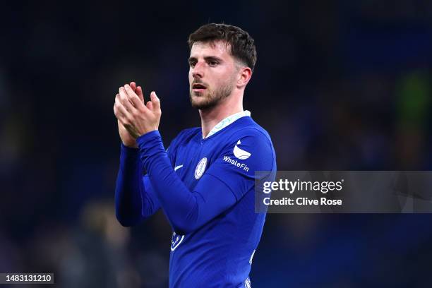 Mason Mount of Chelsea applauds the fans after their side's defeat in the UEFA Champions League quarterfinal second leg match between Chelsea FC and...