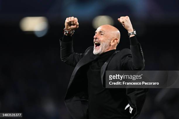 Stefano Pioli, Head Coach of AC Milan, celebrates victory after defeating SSC Napoli during the UEFA Champions League Quarterfinal Second Leg match...