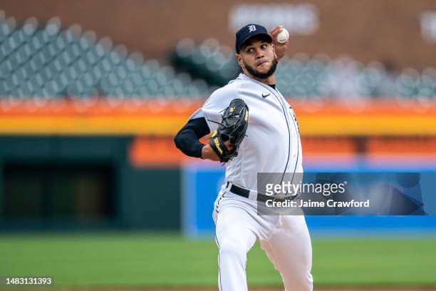 Eduardo Rodriguez of the Detroit Tigers throws a first inning pitch against the Cleveland Guardians in game two of a double header at Comerica Park...
