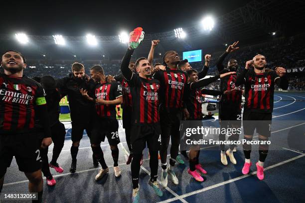 Players of AC Milan celebrate victory in front of their fans after defeating SSC Napoli during the UEFA Champions League Quarterfinal Second Leg...