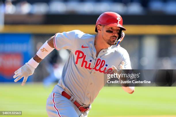 Nick Castellanos of the Philadelphia Phillies runs the bases during the first inning in the game against the Chicago White Sox during game one of a...