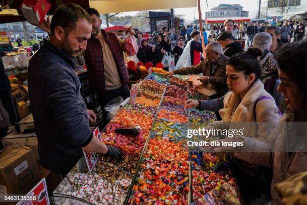 Crowded shopping in historical bazaars in historical Eminönü Square before Eid al-Fitr on April 18, 2023 in Istanbul, Türkiye.