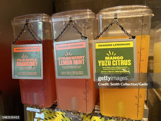 Dispensers for Charged Lemondade, a caffeinated lemonade drink, at Panera Bread, Walnut Creek, California, March 27, 2023.