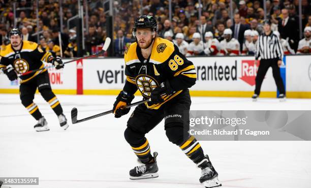 David Pastrnak of the Boston Bruins skates against the Florida Panthers during the third period of Game One of the First Round of the 2023 Stanley...