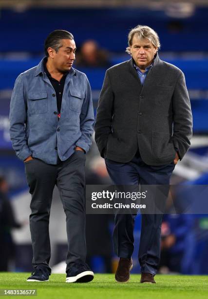 Behdad Eghbali, Co-Owner of Chelsea, walks with Todd Boehly, Chairman of Chelsea, as they make their way across the pitch after the UEFA Champions...