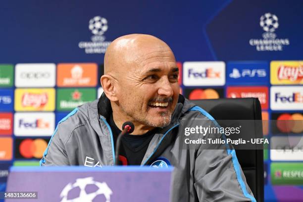 Luciano Spalletti, Head Coach of SSC Napoli, speaks to the media in the post match press conference following defeat to AC Milan during the UEFA...