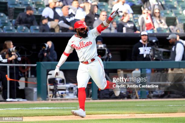 Josh Harrison of the Philadelphia Phillies celebrates a two run home run in the seventh inning in the game against the Chicago White Sox during game...