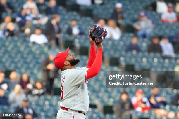 Jose Alvarado of the Philadelphia Phillies celebrates after a win over the Chicago White Sox during game one of a doubleheader at Guaranteed Rate...