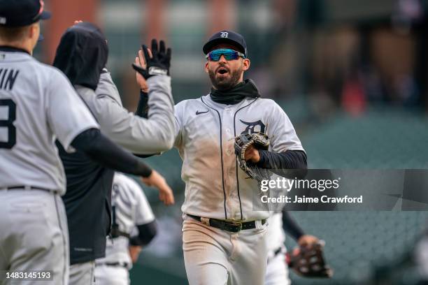 Riley Greene of the Detroit Tigers celebrates following a 1-0 win against the Cleveland Guardians in game two of a double header at Comerica Park on...