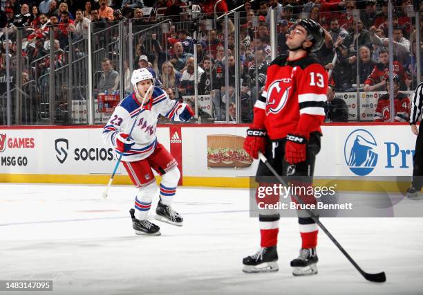 H23 celebrates a first period powerplay goal by Michael McLeod against Nico Hischier and the New Jersey Devils of Game One in the First Round of the...