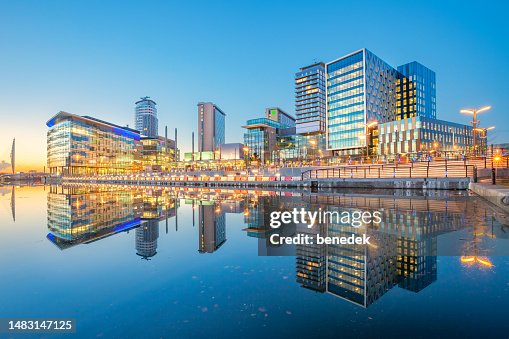 Manchester England Salford Quays Skyline Reflection Manchester England Salford Quays Skyline Reflection