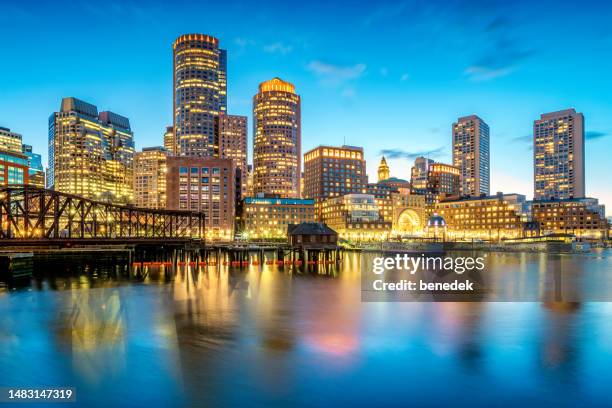 downtown waterfront boston massachusetts skyline - boston harbour stock pictures, royalty-free photos & images