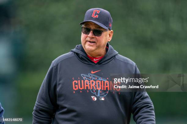 Manager Terry Francona of the Cleveland Guardians walks off the field against the Detroit Tigers in game one of a double header at Comerica Park on...