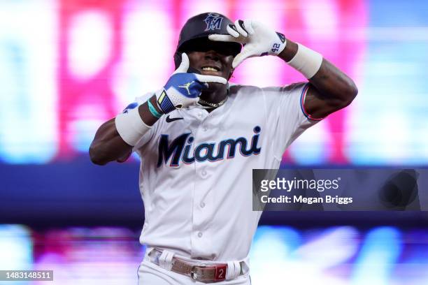 Jazz Chisholm Jr. #2 of the Miami Marlins celebrates after hitting a home run against the San Francisco Giants during the fourth inning of the game...