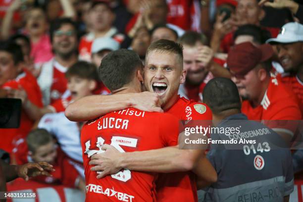 Alexandre Alemao of Internacional celebrates with teammate Lucca of Internacional after scoring the team's first goal during a Copa CONMEBOL...