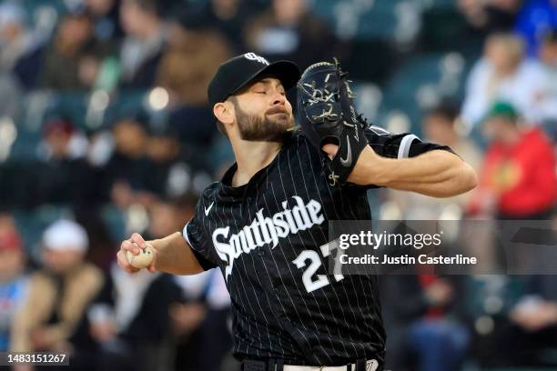 Lucas Giolito of the Chicago White Sox throws a pitch in the second inning in the game against the Philadelphia Phillies during game two of a...