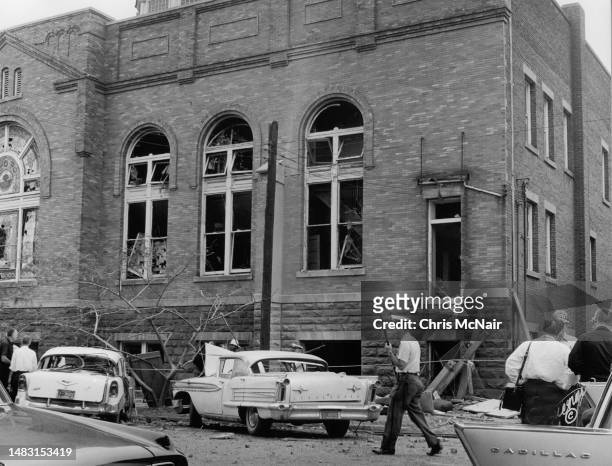 View of police activity outside the bomb damaged 16th Street Baptist Church on September 15, 1963 in Birmingham, Alabama. This is the only photo...