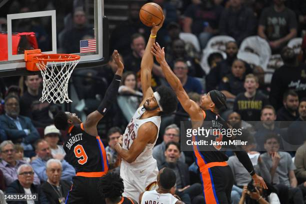 Jarrett Allen of the Cleveland Cavaliers shoots over RJ Barrett and Josh Hart of the New York Knicks during the second quarter of Game Two of the...
