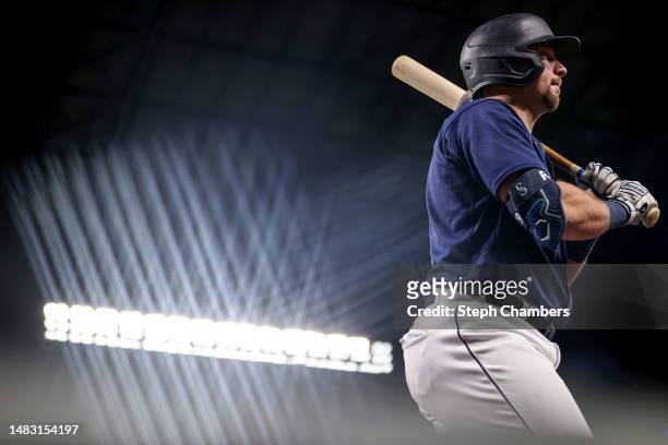 Cal Raleigh of the Seattle Mariners stands on deck during the sixth inning against the Milwaukee Brewers at T-Mobile Park on April 17, 2023 in...
