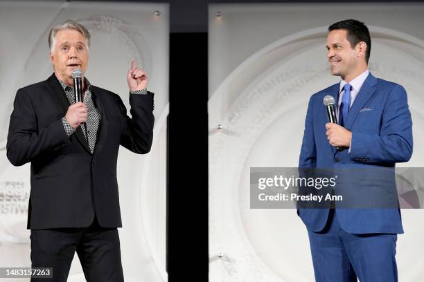 Shaun Cassidy and TCM host Dave Karger speak onstage at a screening of “The Music Man” during the 2023 TCM Classic Film Festival on April 16, 2023 in...
