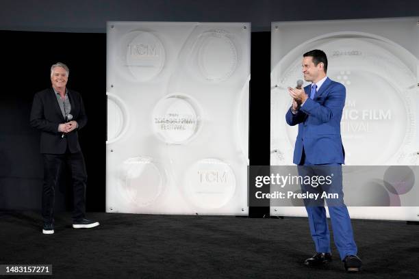 Shaun Cassidy and TCM host Dave Karger speak onstage at a screening of “The Music Man” during the 2023 TCM Classic Film Festival on April 16, 2023 in...