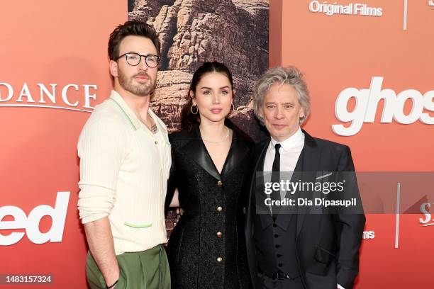 Chris Evans, Ana de Armas, and Dexter Fletcher attend the Apple Original Films' "Ghosted" New York Premiere at AMC Lincoln Square Theater on April...