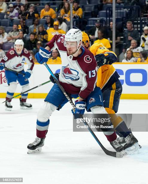 Valeri Nichushkin of the Colorado Avalanche skates against the Nashville Predators during an NHL game at Bridgestone Arena on April 14, 2023 in...