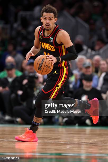 Trae Young of the Atlanta Hawks dribbles down court during the second quarter of Game Two of the Eastern Conference First Round Playoffs between the...