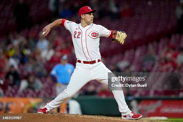 Luke Maile of the Cincinnati Reds pitches in the ninth inning against the Tampa Bay Rays at Great American Ball Park on April 18, 2023 in Cincinnati,...