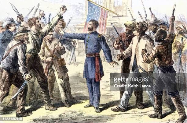 quelling the mob violence - american civil war stock illustrations