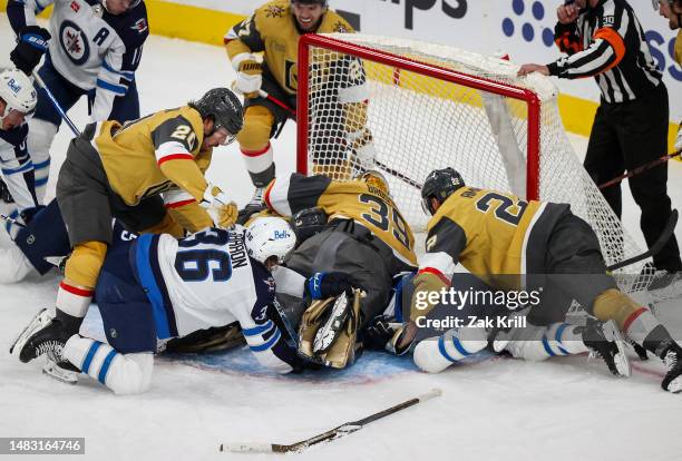 Laurent Brossoit of the Vegas Golden Knights makes a save during the first period against the Winnipeg Jets in Game One of the First Round of the...