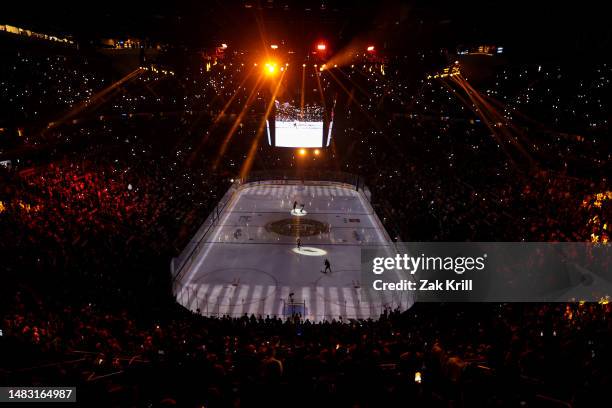 General view of the ice prior to Game One of the First Round of the 2023 Stanley Cup Playoffs between the Vegas Golden Knights and the Winnipeg Jets...