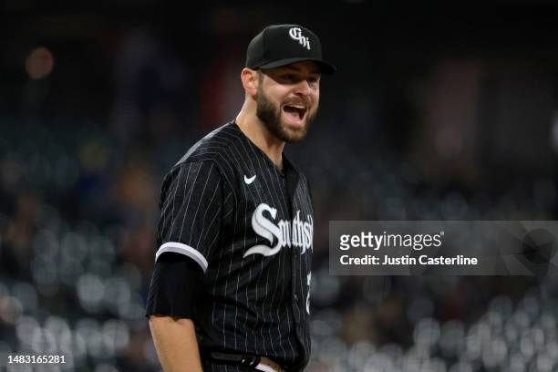 Lucas Giolito of the Chicago White Sox reacts after a double play in the sixth inning in the game against the Chicago White Sox during game two of a...