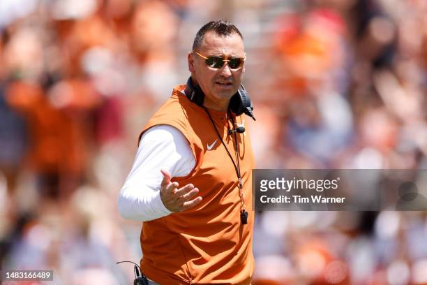 Head coach Steve Sarkisian of the Texas Longhorns reacts during the Texas Football Orange-White Spring Football Game at Darrell K Royal-Texas...