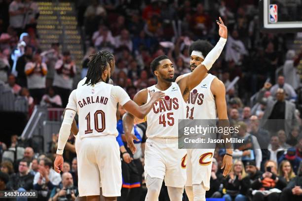 Donovan Mitchell of the Cleveland Cavaliers waves to the crowd during the fourth quarter of Game Two of the Eastern Conference First Round Playoffs...