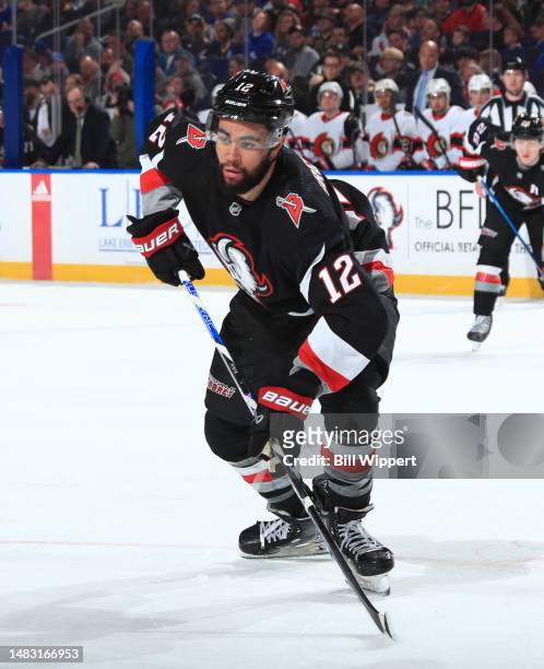 Jordan Greenway of the Buffalo Sabres skates during an NHL game against the Ottawa Senators on April 13, 2023 at KeyBank Center in Buffalo, New York.