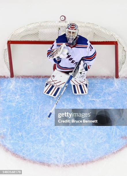 Igor Shesterkin of the New York Rangers celebrates his 5-1 victory over the New Jersey Devils during Game One in the First Round of the 2023 Stanley...