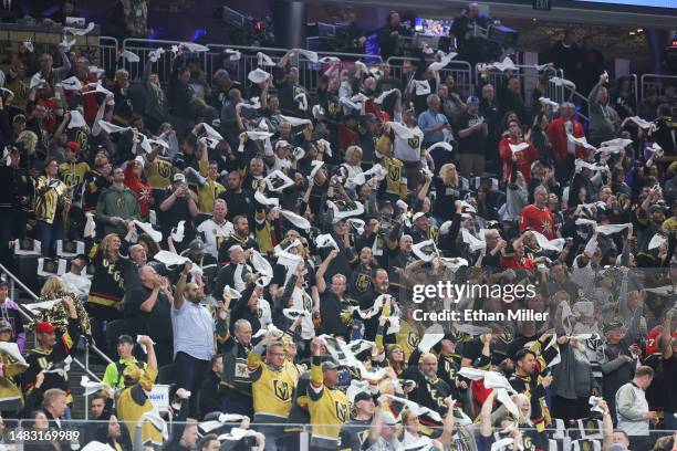 Fans wave towels before the start of Game One of the First Round of the 2023 Stanley Cup Playoffs between the Winnipeg Jets and the Vegas Golden...