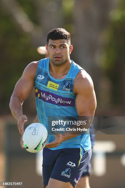 David Fifita during a Gold Coast Titans NRL training session at IKON High Performance Centre on April 19, 2023 in Gold Coast, Australia.