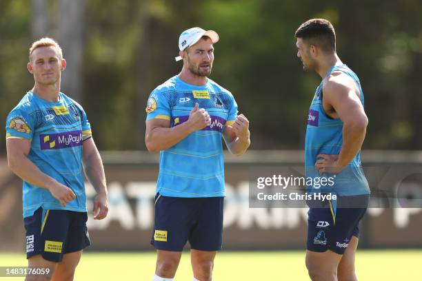 Kieran Foran and David Fifita during a Gold Coast Titans NRL training session at IKON High Performance Centre on April 19, 2023 in Gold Coast,...