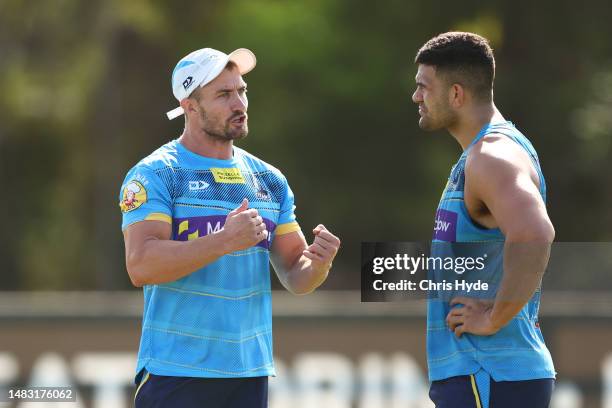 Kieran Foran and David Fifita during a Gold Coast Titans NRL training session at IKON High Performance Centre on April 19, 2023 in Gold Coast,...