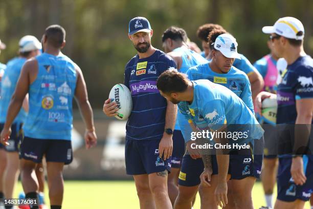 Kicking coach Nick Malceski during a Gold Coast Titans NRL training session at IKON High Performance Centre on April 19, 2023 in Gold Coast,...